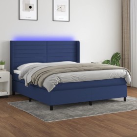 Cama box spring colchón y luces LED tela azul 160x200 cm