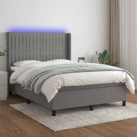 Cama box spring colchón y luces LED tela gris oscuro 140x190 cm