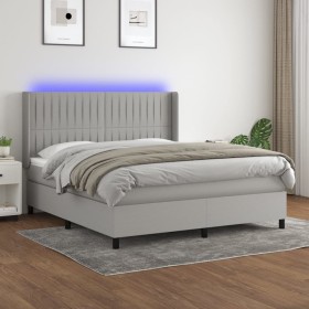Cama box spring colchón y luces LED tela gris claro 160x200 cm