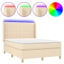 Cama box spring colchón y luces LED tela crema 140x190 cm