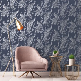 DUTCH WALLCOVERINGS Papel pintado pavo real azul marino y