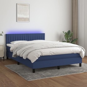 Cama box spring colchón y luces LED tela azul 140x190 cm