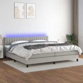 Cama box spring con colchón tela y LED gris claro 200x200 cm