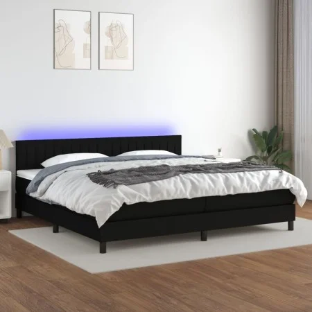 Box spring bed mattress and LED lights black fabric 200x200 cm by , Beds and slatted bases - Ref: Foro24-3133343, Price: 570,...