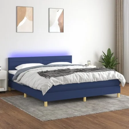 Box spring bed with mattress and LED blue fabric 160x200 cm by , Beds and slatted bases - Ref: Foro24-3133811, Price: 475,75 ...