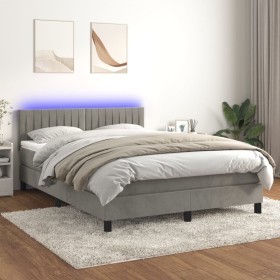 Cama box spring colchón y LED terciopelo gris clar
