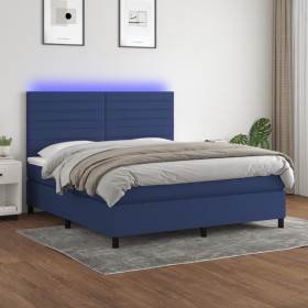 Cama box spring colchón y luces LED tela azul 160x200 cm