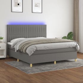 Cama box spring colchón y luces LED tela gris oscuro 160x200 cm