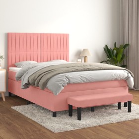 Cama box spring con colchón terciopelo rosa 140x200 cm