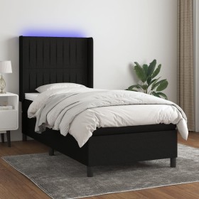 Cama box spring colchón y luces LED tela negro 100x200 cm