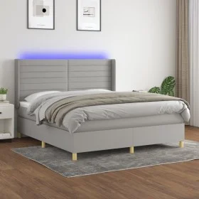 Box spring bed mattress and LED lights light gray fabric 160x200 cm by , Beds and slatted bases - Ref: Foro24-3138965, Price:...