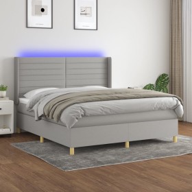 Cama box spring colchón y luces LED tela gris claro 160x200 cm