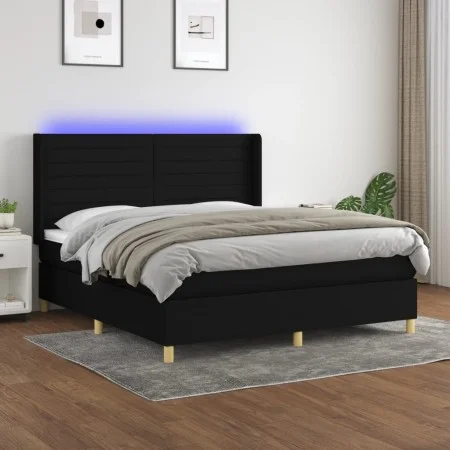 Box spring bed mattress and LED lights black fabric 160x200 cm by , Beds and slatted bases - Ref: Foro24-3138967, Price: 647,...