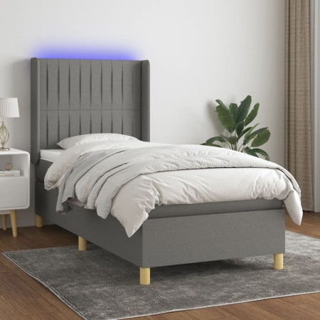 Cama box spring colchón y luces LED tela gris oscuro 80x200 cm