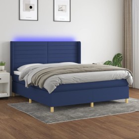Cama box spring colchón y luces LED tela azul 160x