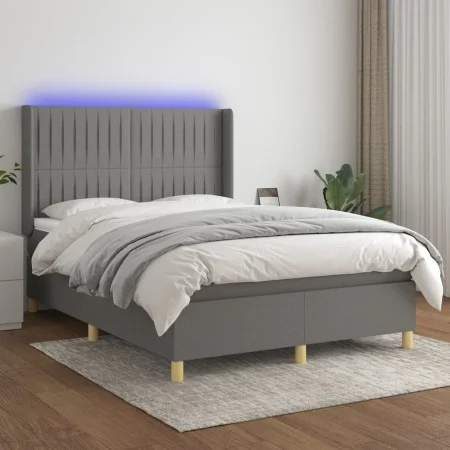 Box spring bed mattress and LED lights dark gray fabric 140x190 cm by , Beds and slatted bases - Ref: Foro24-3139030, Price: ...