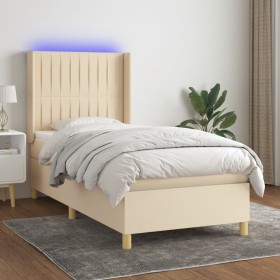 Cama box spring colchón y luces LED tela crema 100x200 cm