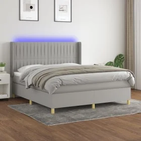 Box spring bed mattress and LED lights light gray fabric 160x200 cm by , Beds and slatted bases - Ref: Foro24-3139045, Price:...
