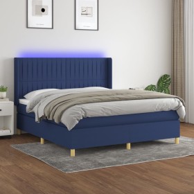 Cama box spring colchón y luces LED tela azul 160x200 cm