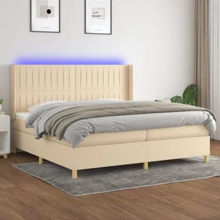 Box spring bed mattress and LED lights cream fabric 200x200 cm by , Beds and slatted bases - Ref: Foro24-3139066, Price: 640,...