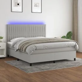 Box spring bed mattress and LED lights light gray fabric 160x200 cm by , Beds and slatted bases - Ref: Foro24-3135045, Price:...