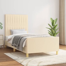 Estructura de cama con cabecero de tela color crema 80x200 cm