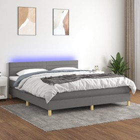 Cama box spring con colchón y LED tela gris oscuro 160x200 cm