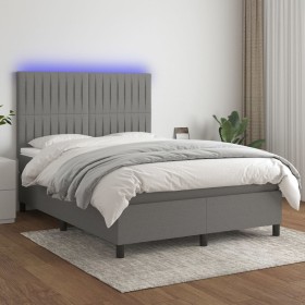 Cama box spring colchón y luces LED tela gris oscuro 140x200 cm