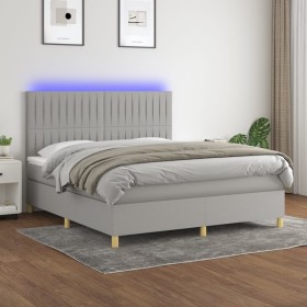 Cama box spring colchón y luces LED tela gris claro 160x200 cm