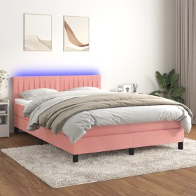 Cama box spring colchón y LED terciopelo rosa 140x190 cm