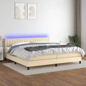 Box spring bed mattress and LED lights cream fabric 200x200 cm by , Beds and slatted bases - Ref: Foro24-3133346, Price: 600,...
