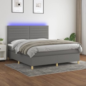 Cama box spring colchón y luces LED tela gris oscuro 160x200 cm