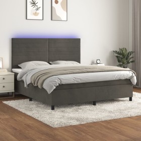 Cama box spring colchón y LED terciopelo gris oscuro 160x200 cm