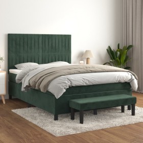 Cama box spring con colchón terciopelo verde oscuro 140x200 cm