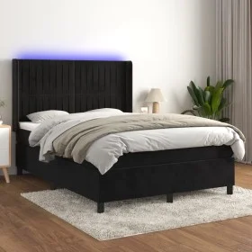 Box spring bed with mattress and LED black velvet 140x190 cm by , Beds and slatted bases - Ref: Foro24-3139681, Price: 477,42...