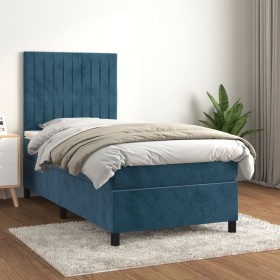 Cama box spring con colchón terciopelo azul oscuro 80x200 cm