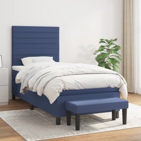 Cama box spring con colchón tela azul 90x190 cm