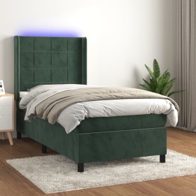 Cama box spring colchón y LED terciopelo verde oscuro 90x200 cm