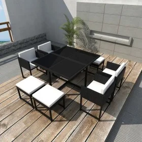 Set comedor de jardín 9 piezas y cojines ratán sintético negro de vidaXL, Conjuntos de jardín - Ref: Foro24-42759, Precio: 45...