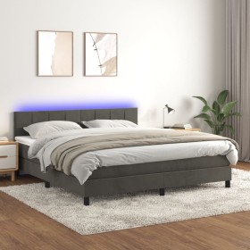 Cama box spring colchón y LED terciopelo gris oscuro 160x200 cm