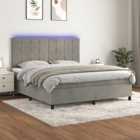 Cama box spring colchón y LED terciopelo gris claro 160x200 cm