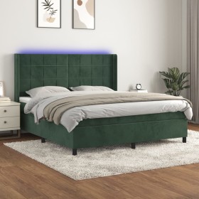 Cama box spring colchón y LED terciopelo verde oscuro 180x200cm