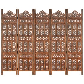 Biombo 5 paneles tallado a mano madera mango marrón 200x165 cm