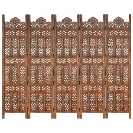 Faltiges handgeschnitztes Paravent mit 5 Paneelen aus braunem Mangoholz, 200x165 cm. von , Raumteiler - Ref: Foro24-285326, P...