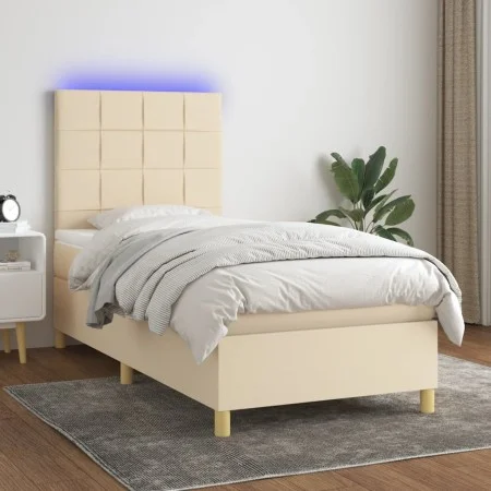 Box spring bed mattress and LED lights cream fabric 90x190 cm by , Beds and slatted bases - Ref: Foro24-3135402, Price: 361,0...