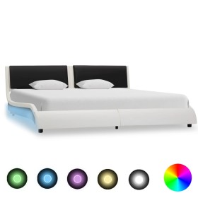 Estructura cama con LED cuero sintético blanco negro 160x200 cm