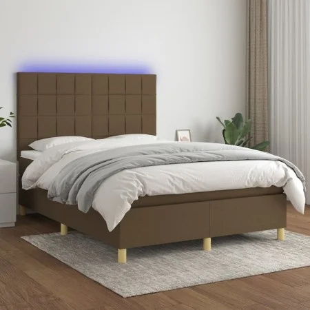 Box spring bed mattress LED lights dark brown fabric 140x190 cm by , Beds and slatted bases - Ref: Foro24-3135432, Price: 505...