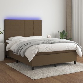 Cama box spring colchón luces LED tela marrón oscuro 140x200cm