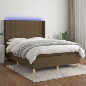 Cama box spring colchón luces LED tela marrón oscu