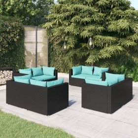 Set de muebles de jardín 8 pzas y cojines ratán sintético negro